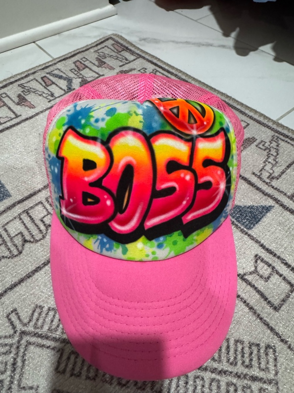 Custom Pink 'BOSS' Trucker Hat - Bright Graffiti Design